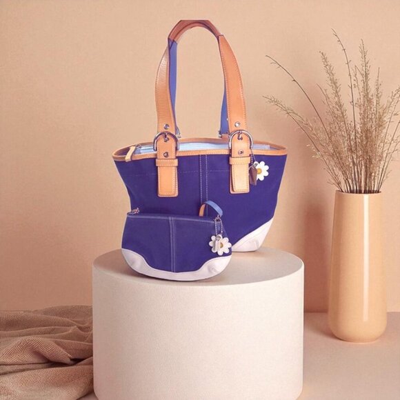 Vintage COACH Soho Twill Tote Navy/marine vachetta leather & wristlet set - Picture 1 of 12